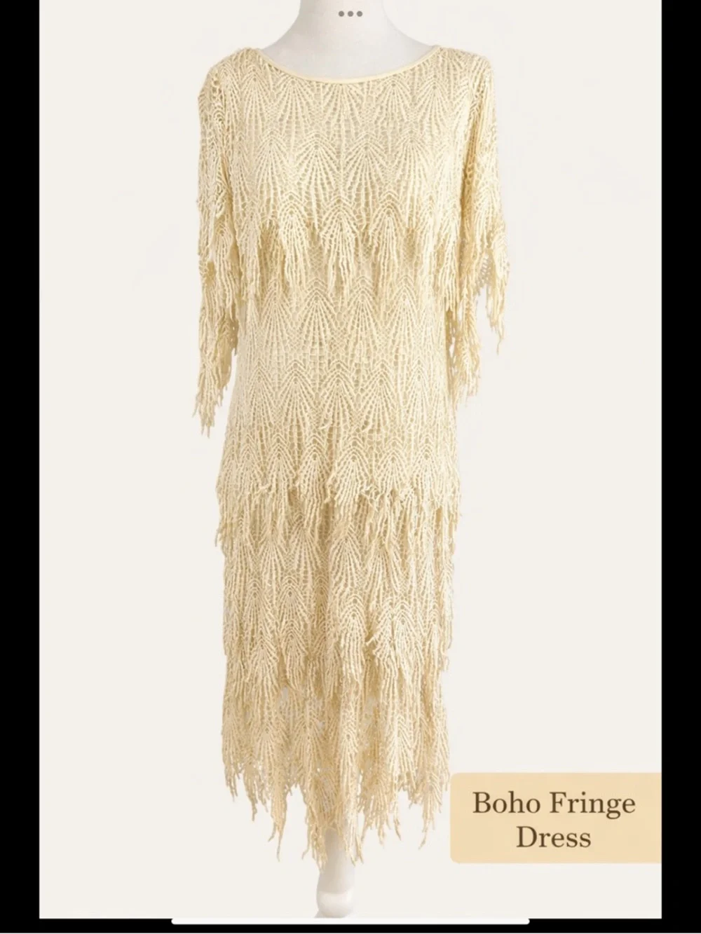 SAMAX Cream Crochet Fringe Mini Dress Lined Boho Coastal Resort Festival - Picture 3 of 16